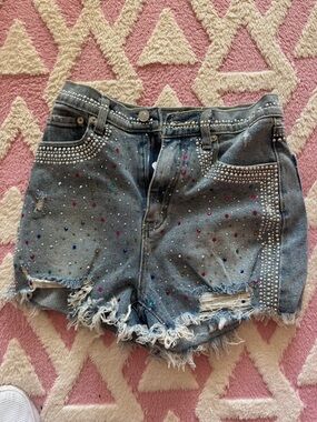 Rhinestone Embellished Distressed Denim Shorts - Multicolor